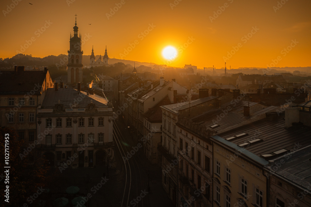 Fototapeta premium Panoramic aerial view on Lviv from drone