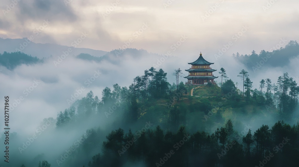 A stunning panoramic view of a pagoda perched on a hill overlooking a foggy forest A stunning panoramic view of a pagoda perched on a hill overlooking a foggy forest