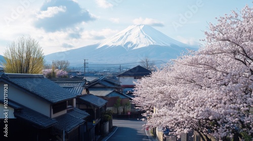 An expansive view of cherry blossoms blooming in front of Mount Fuji in spring