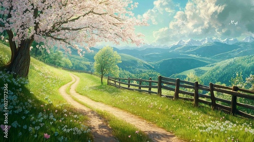 Fenced pasture tree grassy hills background phone natural landscape beauty blossoming path heaven greens wall 