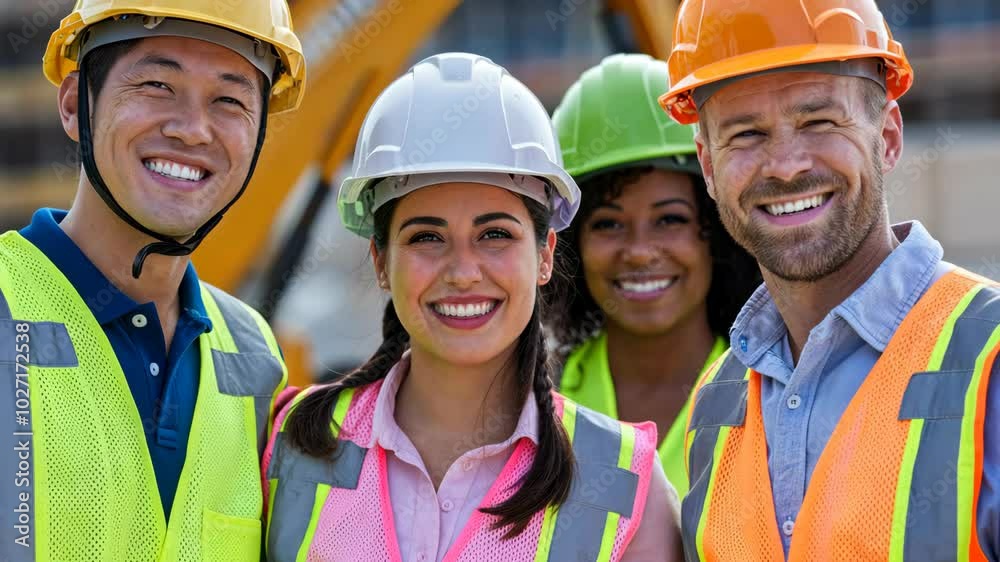Diverse small group of construction workers smiling together at job site