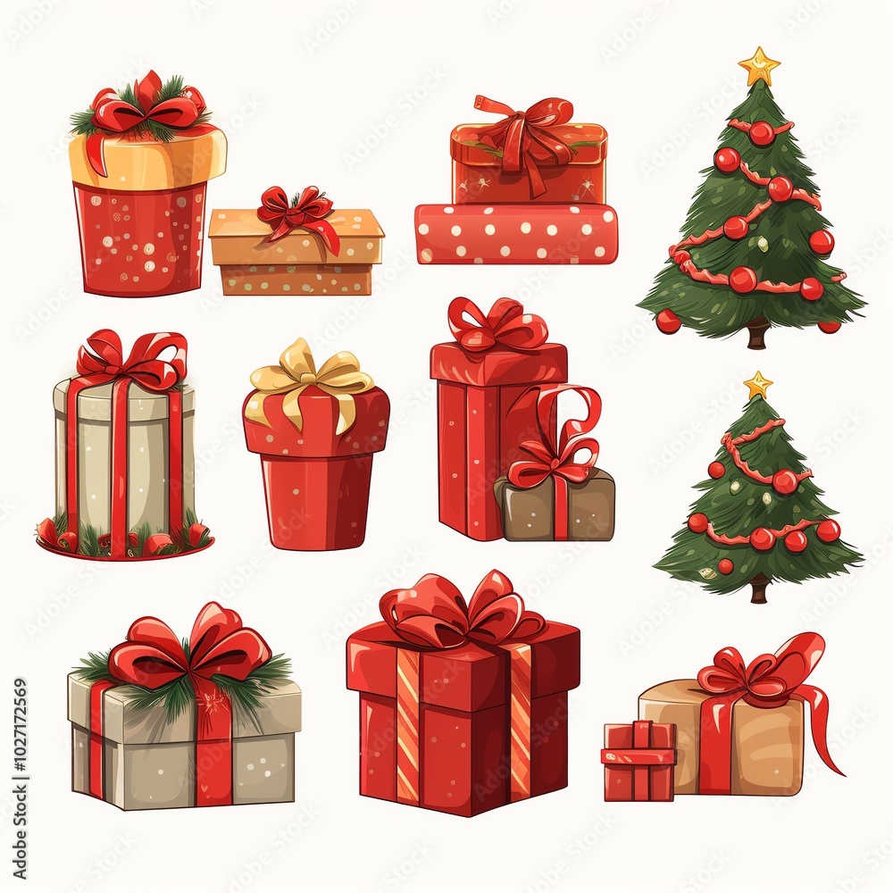Colorful Christmas gifts with bows and a festive tree, perfect for holiday celebrations and decorations. Colorful Christmas gifts with bows and a festive tree, perfect for holiday celebrations and decorations.