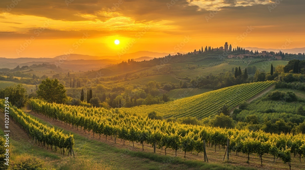 Fototapeta premium Rolling hills and vineyards stretching across Tuscany under a golden sunset