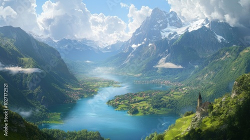 Majestic Alps towering over serene lakes and lush valleys in a European landscape