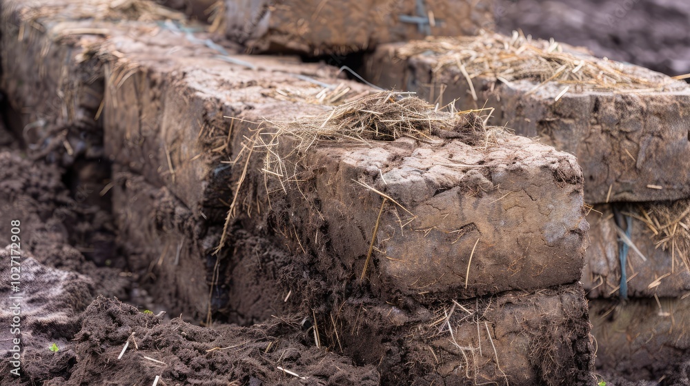 Stacked Mud Bricks on Construction Site Stacked Mud Bricks on Construction Site