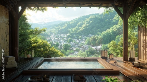 A Japanese onsen with a wooden deck, offering a stunning view of green valleys below. photo