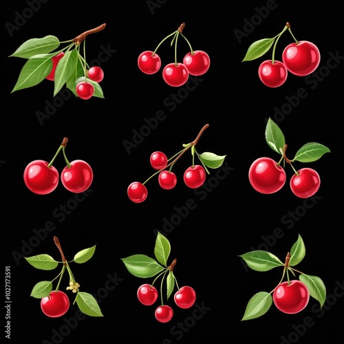 A collection of vibrant red cherries on black background, perfect for fruit-themed designs and illustrations.