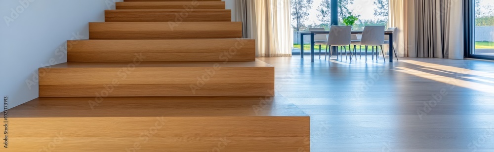 Modern Home Interior With Wooden Staircase and Dining Table Modern Home Interior With Wooden Staircase and Dining Table