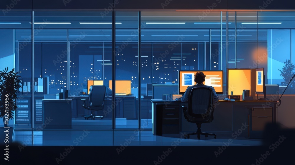 Fototapeta premium Nighttime office scene with a worker illuminated by their computer in a vast empty workspace