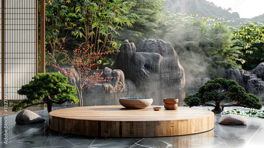 Natural bamboo podium front view focus with berm zen garden