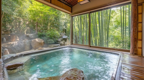 Wallpaper Mural A natural hot spring bath with smooth stones and a view of a bamboo forest swaying in the wind. Torontodigital.ca