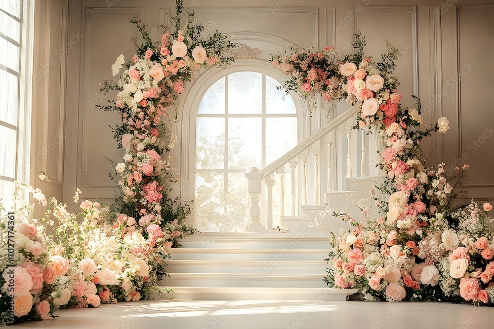 Fototapeta premium Beautiful wedding backdrop with flowers and staircase generative AI 
