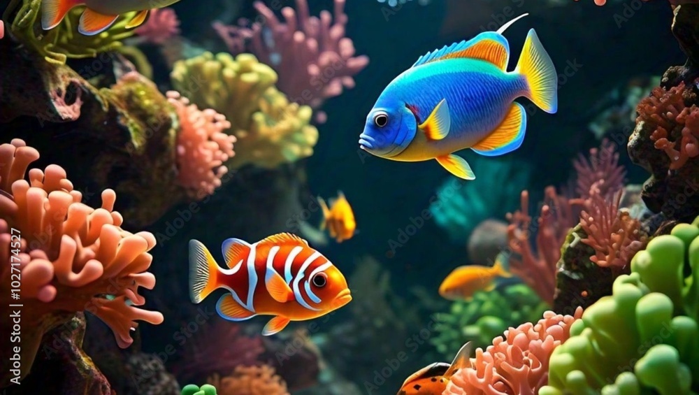 Obraz premium Underwater world with corals and tropical fish wallpaper background high quality image 4k hd 16:9 YouTube thumbnail 