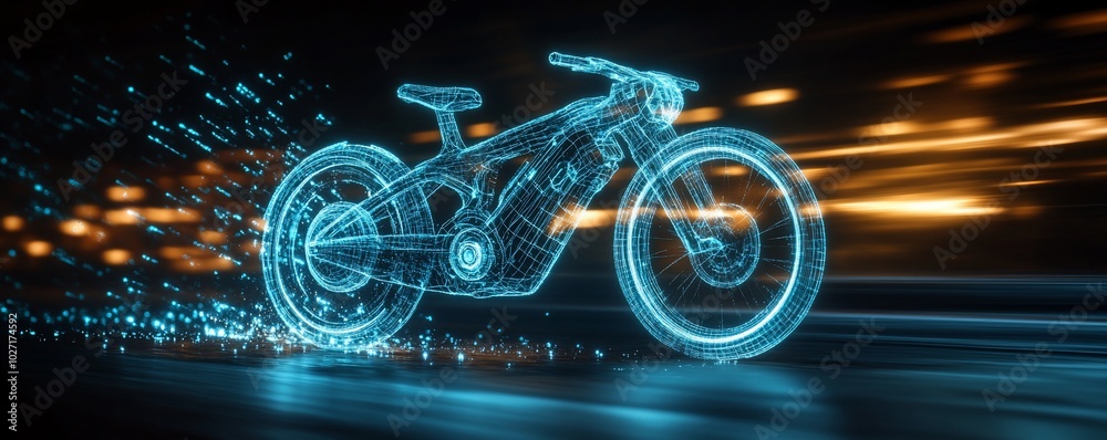 Fototapeta premium Futuristic digital wireframe bike speeding on blurred night road.