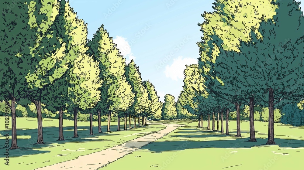 Obraz premium View row trees princess architectural sketch pines everywhere botanic garden using toon 