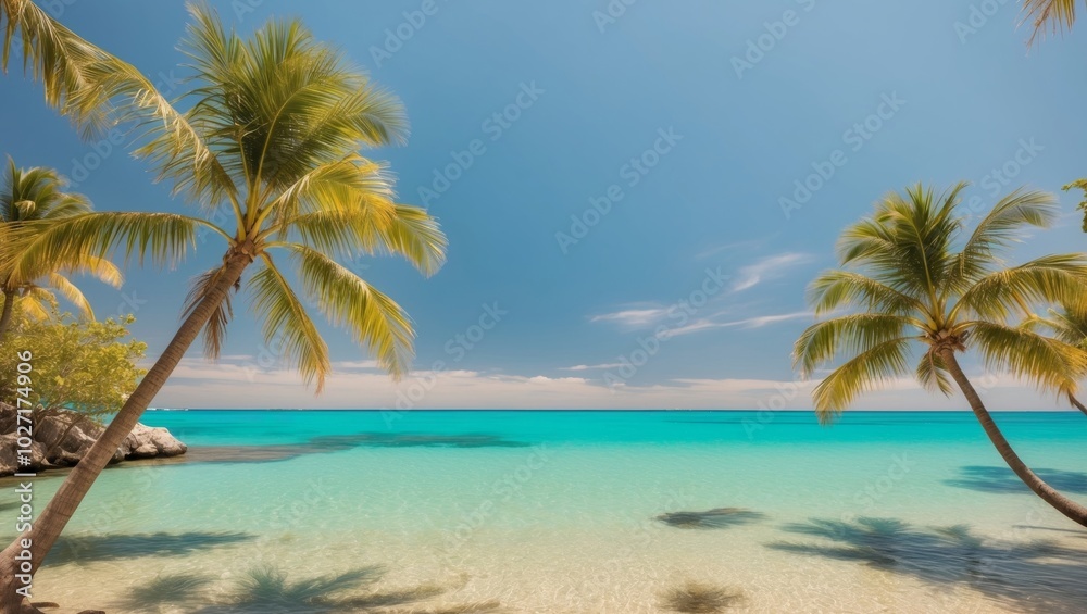 A tropical lagoon with clear blue water and palm trees. A tropical lagoon with clear blue water and palm trees.