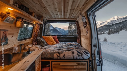 A rustic van life setup with a soft mattress inside, and snowy peaks visible through open doors.