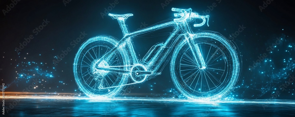 Fototapeta premium Futuristic glowing bicycle with blue light effect.
