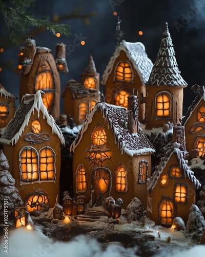 A whimsical gingerbread village with lit windows and a snowy backdrop.