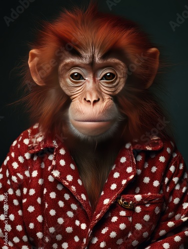 fashion photo of a happy monkey in red By Generated AI