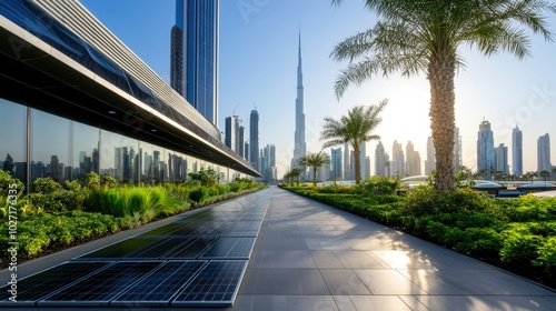 Dubai Skyline with Solar Panels and Lush Greenery