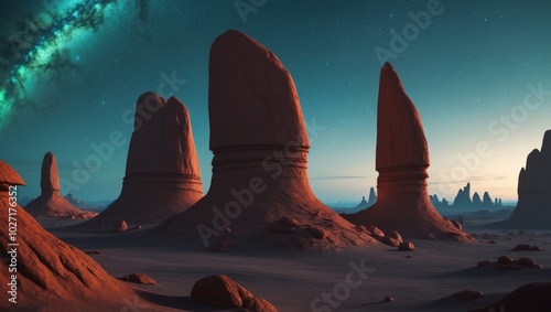 Alien Landscape with Tall Rock Formations and Starry Sky. photo