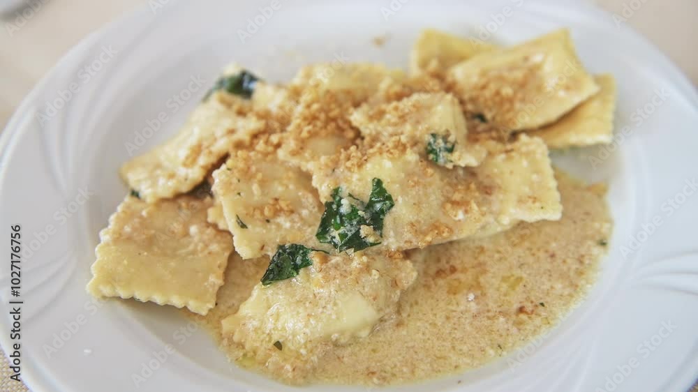 Ravioli in mint leaf walnut sauce with ricotta fresh goat cheese filling on white plate Sardinian traditional dish in Sardinia macro closeup Ravioli in mint leaf walnut sauce with ricotta fresh goat cheese filling on white plate Sardinian traditional dish in Sardinia macro closeup
