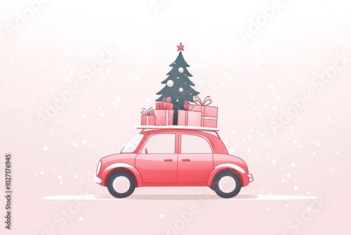 A red car with a Christmas tree on the roof, a flat design illustration, simple and cute. Vector art with a winter background