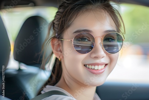 A Happy beautiful young asian newbie girl in sunglasses