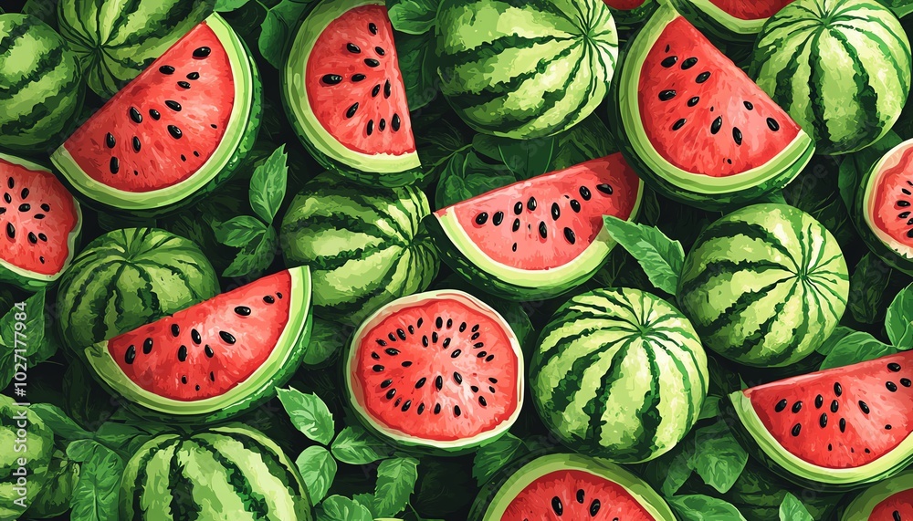 Whimsical cartoon patterns filled with Korean watermelon designs, blending creativity and fun for cheerful decor or graphic designs Whimsical cartoon patterns filled with Korean watermelon designs, blending creativity and fun for cheerful decor or graphic designs