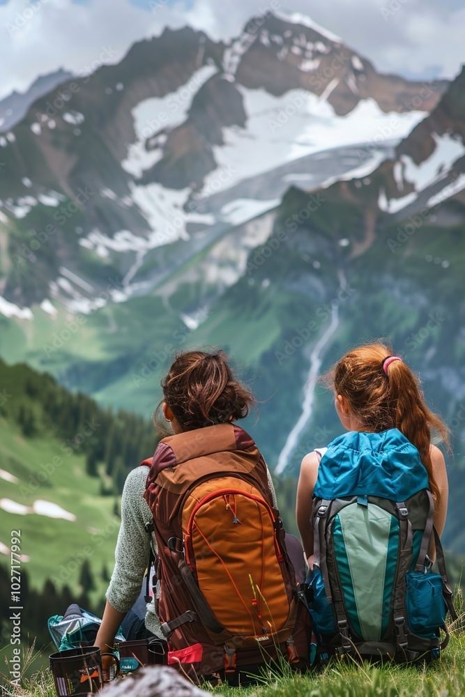 A happy girls tourists sit near the backpack and look A happy girls tourists sit near the backpack and look