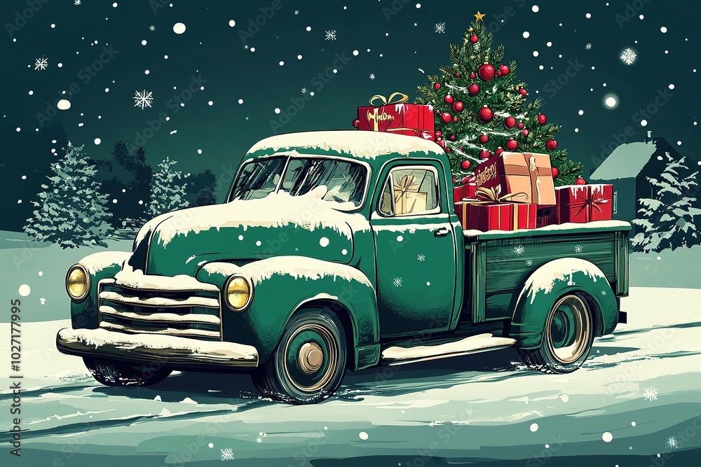 A red car with a Christmas tree on the roof, a flat design illustration, simple and cute. Vector art with a winter background