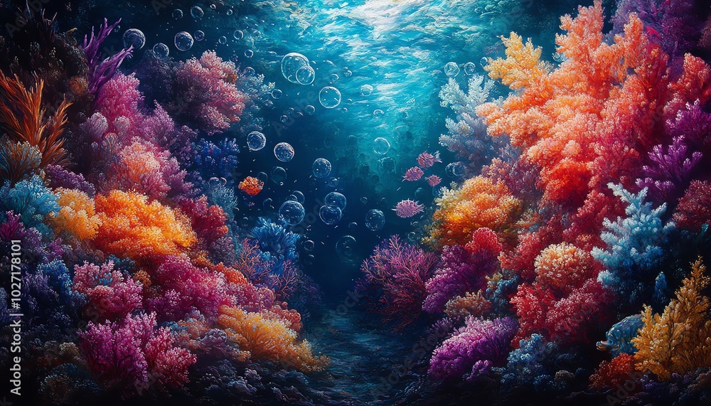 Naklejka premium Whimsical underwater world populated by dreamlike creatures and colorful coral reefs, with bubbles enhancing the surreal and enchanting ambiance
