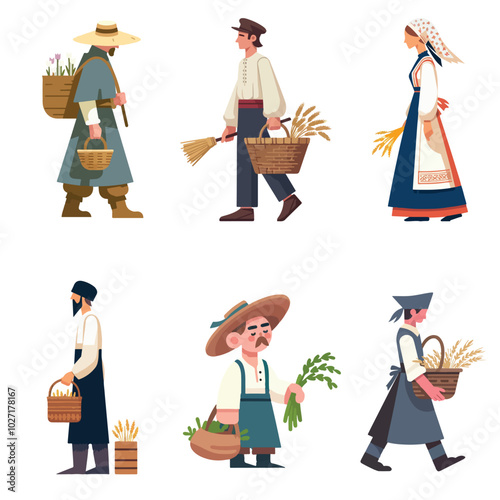 set collection farmer peasant flat design vector