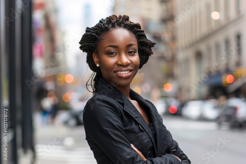 A happy young african american businesswoman in city.