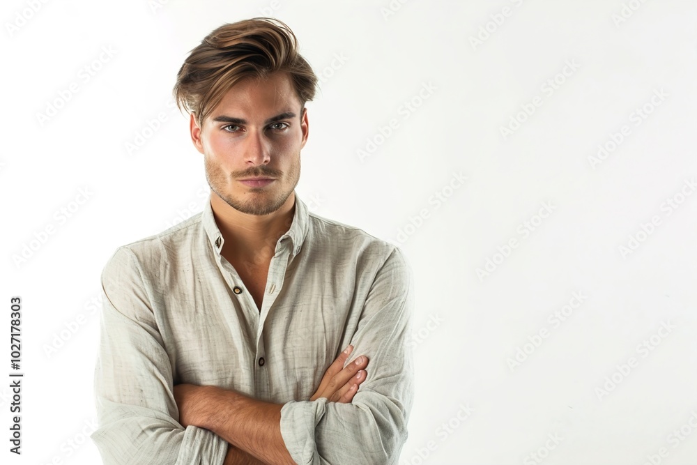 A Handsome attractive serious model man guy wear of linen A Handsome attractive serious model man guy wear of linen