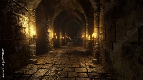 A dimly lit stone corridor with arched doorways and flickering candlelight.