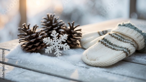 A table with snowflakes and pine cones holds knitted mittens. photo