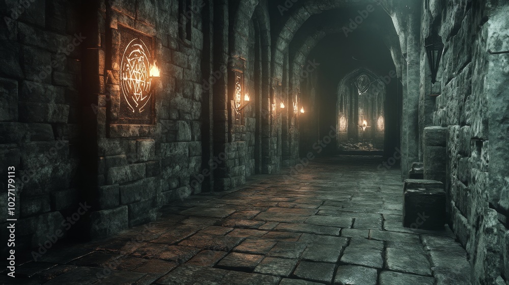 Fototapeta premium A dimly lit stone hallway with torches on the walls.