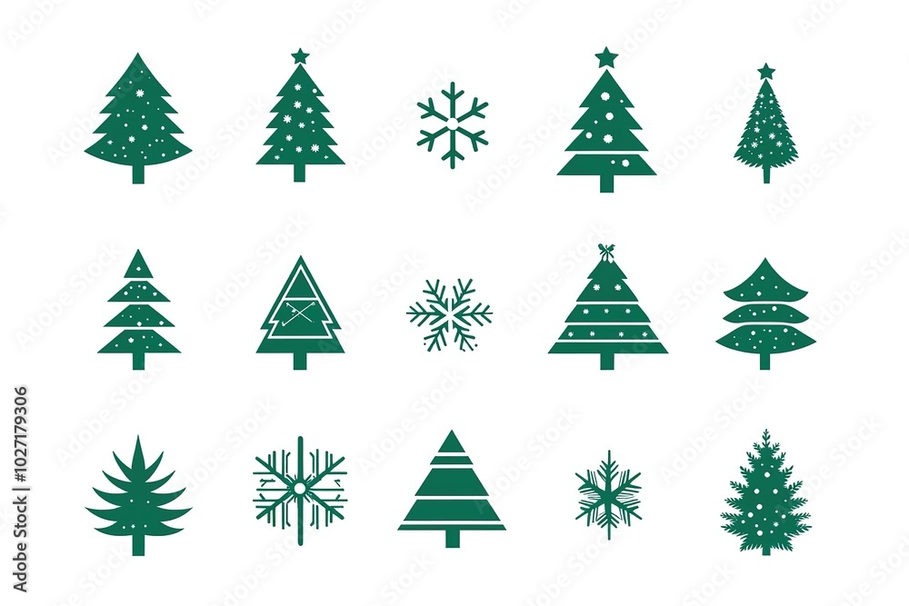 Obraz premium A set of vector icons in dark green, each depicting an illustration of a Christmas tree. The design is simple and minimalistic with clean lines on a white background