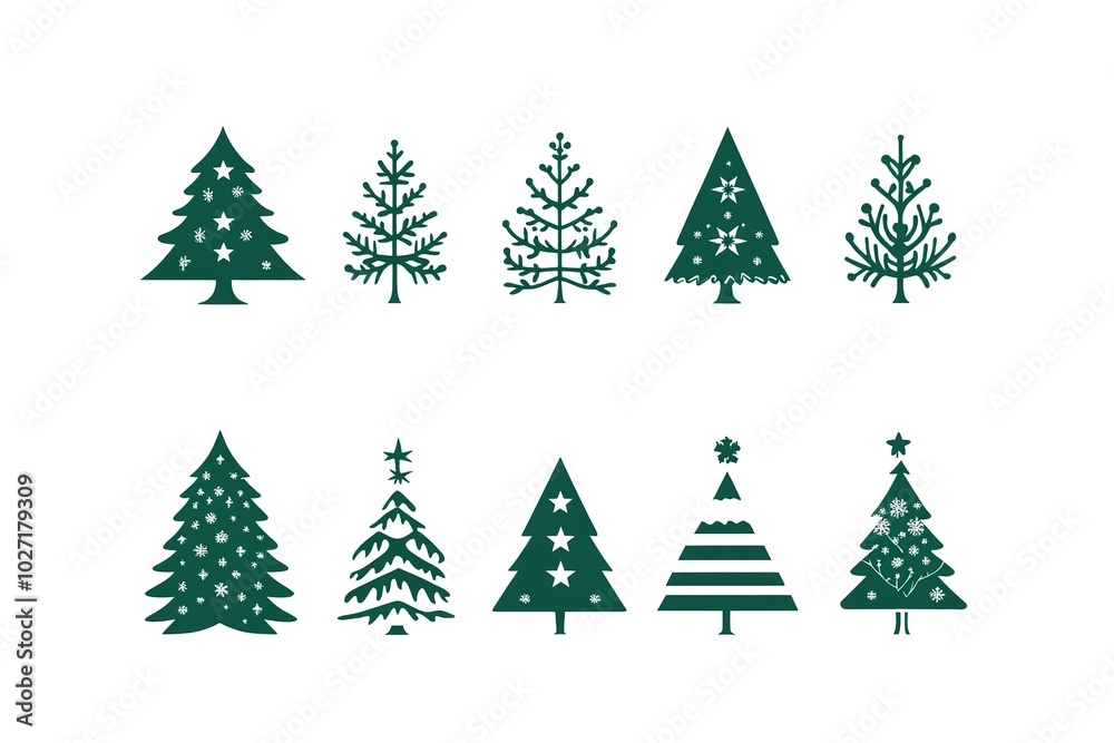 A set of vector icons in dark green, each depicting an illustration of a Christmas tree. The design is simple and minimalistic with clean lines on a white background A set of vector icons in dark green, each depicting an illustration of a Christmas tree. The design is simple and minimalistic with clean lines on a white background