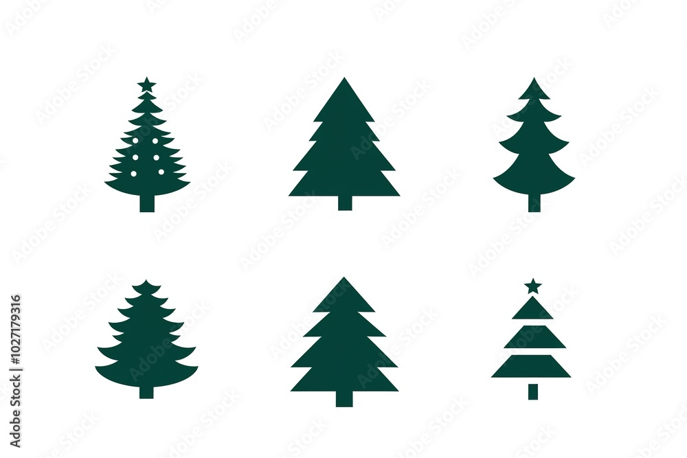 A set of vector icons in dark green, each depicting an illustration of a Christmas tree. The design is simple and minimalistic with clean lines on a white background