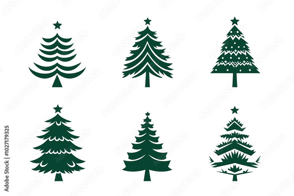Obraz premium A set of vector icons in dark green, each depicting an illustration of a Christmas tree. The design is simple and minimalistic with clean lines on a white background