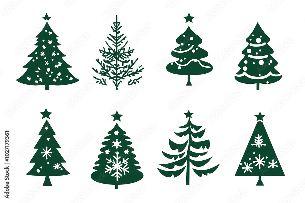 A set of vector icons in dark green, each depicting an illustration of a Christmas tree. The design is simple and minimalistic with clean lines on a white background A set of vector icons in dark green, each depicting an illustration of a Christmas tree. The design is simple and minimalistic with clean lines on a white background