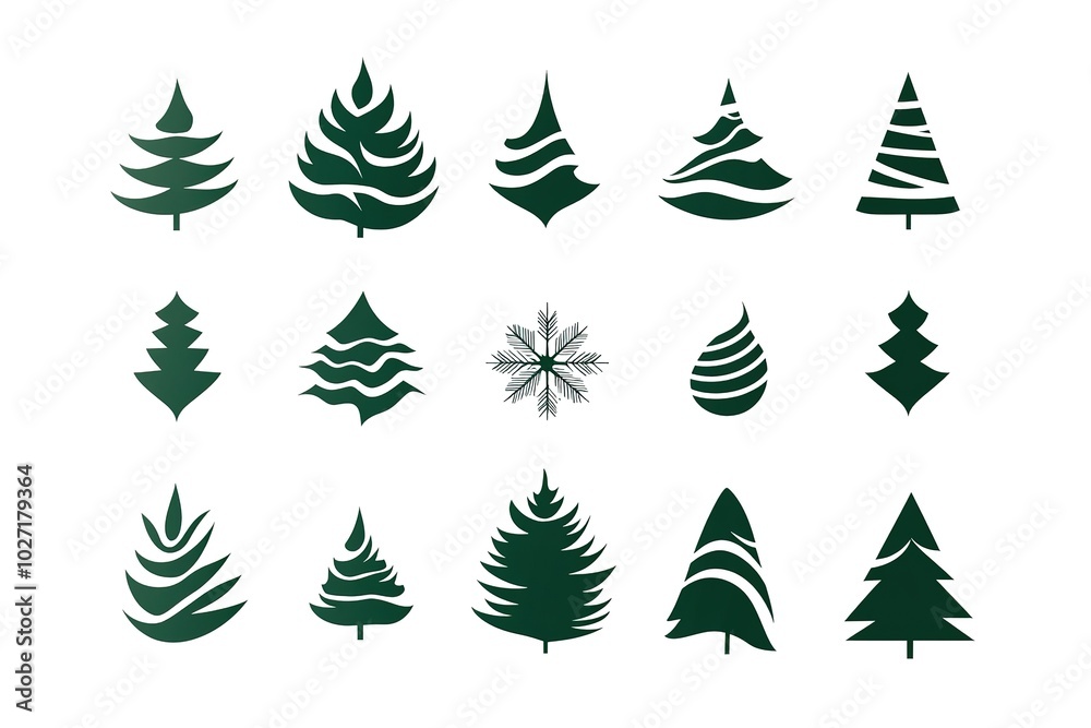 Obraz premium A set of vector icons in dark green, each depicting an illustration of a Christmas tree. The design is simple and minimalistic with clean lines on a white background