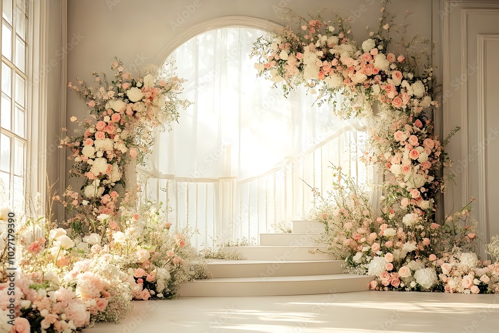 Fototapeta premium Beautiful wedding backdrop with flowers and staircase generative AI