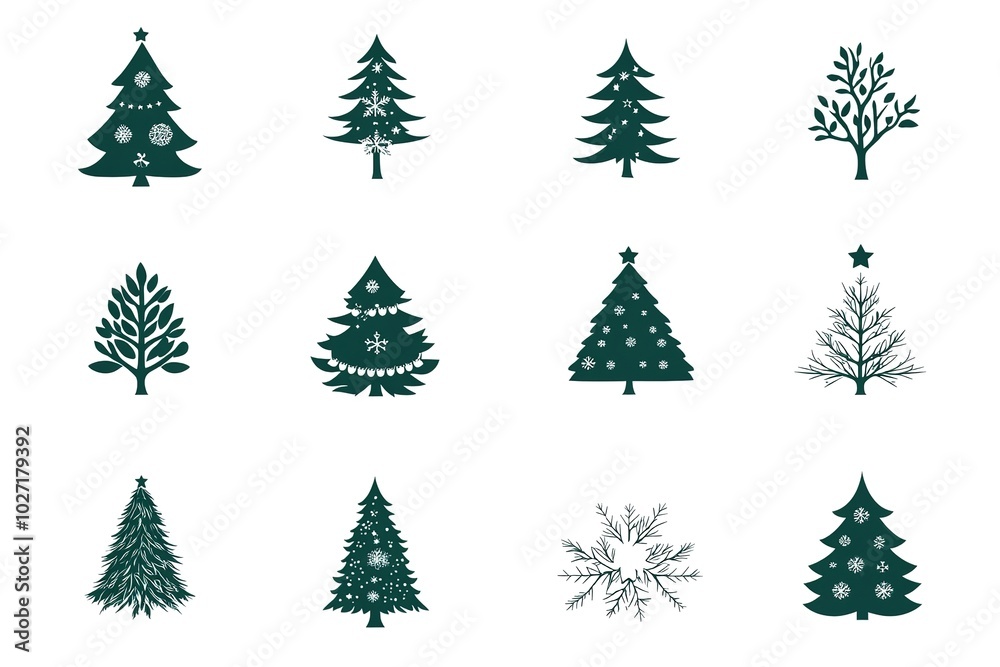A set of vector icons in dark green, each depicting an illustration of a Christmas tree. The design is simple and minimalistic with clean lines on a white background