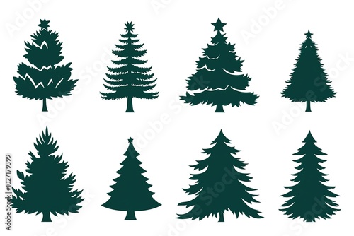 A set of vector icons in dark green, each depicting an illustration of a Christmas tree. The design is simple and minimalistic with clean lines on a white background