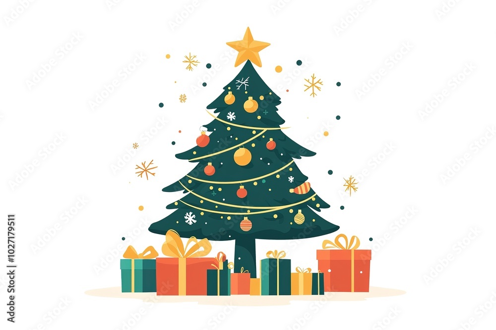 Stylized Christmas tree with presents, simple flat vector illustration, pastel colors, minimalistic design, white background Stylized Christmas tree with presents, simple flat vector illustration, pastel colors, minimalistic design, white background
