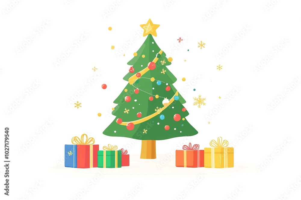 Stylized Christmas tree with presents, simple flat vector illustration, pastel colors, minimalistic design, white background Stylized Christmas tree with presents, simple flat vector illustration, pastel colors, minimalistic design, white background